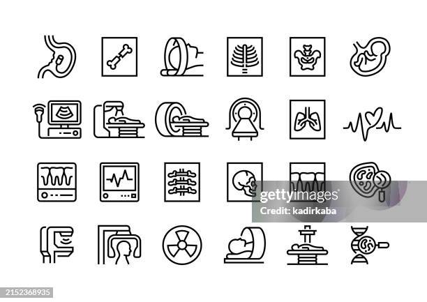 icon-set für medizinische geräte. ultraschall, röntgen, medizinischer scanner, koloskopie, krankenhaus, patient. gruppe von objekten. - wissenschaftliche bildtechnik stock-grafiken, -clipart, -cartoons und -symbole