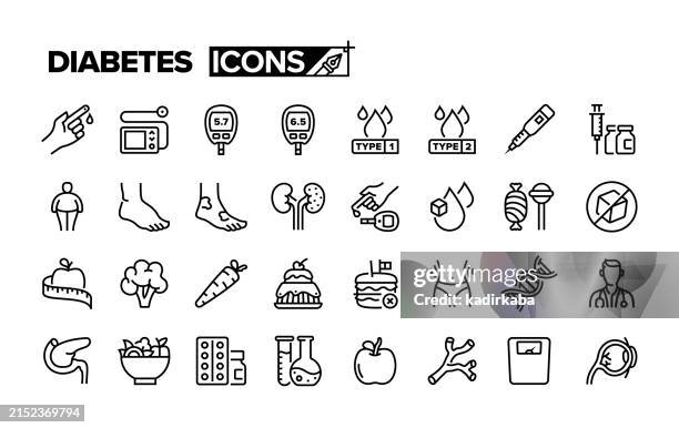 ilustraciones, imágenes clip art, dibujos animados e iconos de stock de conjunto de iconos de la línea de diabetes. enfermedad, azúcar, glucómetro, diabetes tipo 1, diabetes tipo 2. grupo de objetos. - prueba-de-azúcar-en-la-sangre