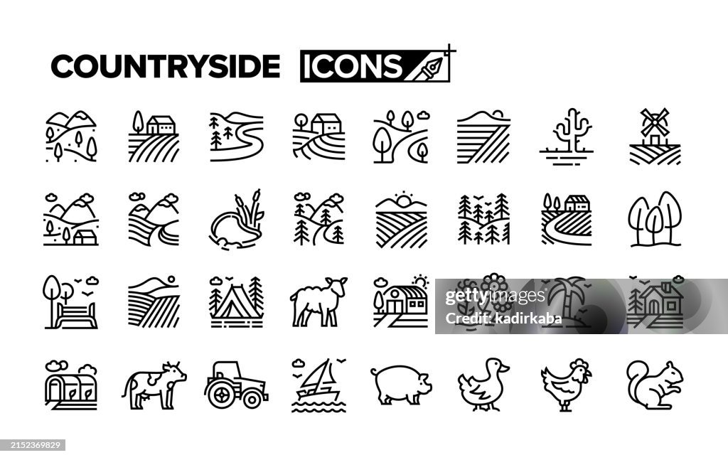 Countryside line icon set. Group of object.
