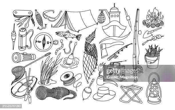 stockillustraties, clipart, cartoons en iconen met fishing doodle set - riet-grassenfamilie