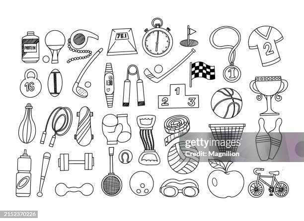 vielfältige sportgeräte im doodle-stil - springseil stock-grafiken, -clipart, -cartoons und -symbole
