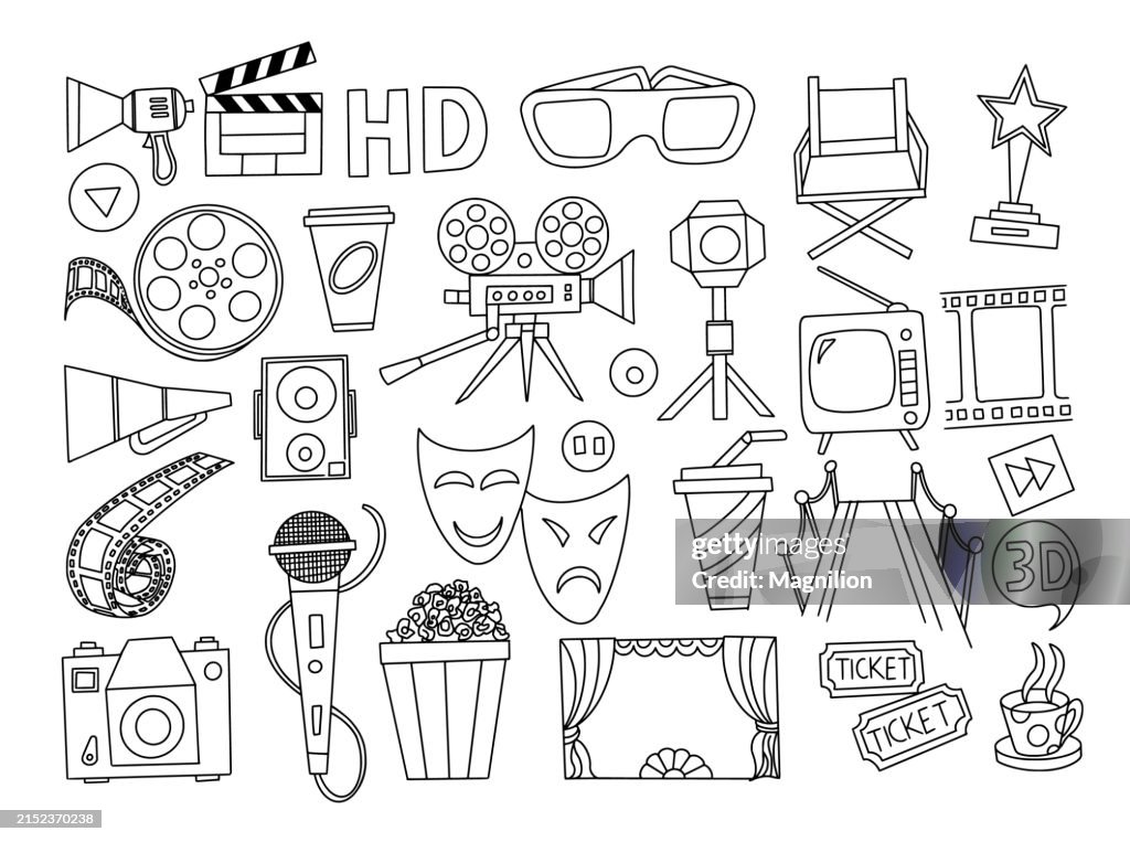 Umfassendes Kino- und Theater-Vektorsymbol-Set, Schwarz-Weiß-Filmausrüstung und Zubehör