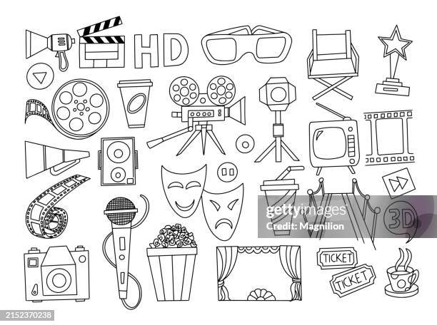 ilustraciones, imágenes clip art, dibujos animados e iconos de stock de conjunto completo de iconos vectoriales del cine y del teatro, equipo y accesorios de la película en blanco y negro - cinematografía
