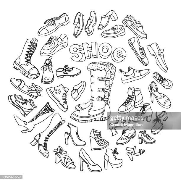 ilustraciones, imágenes clip art, dibujos animados e iconos de stock de juego de garabatos de zapatos - tacones altos