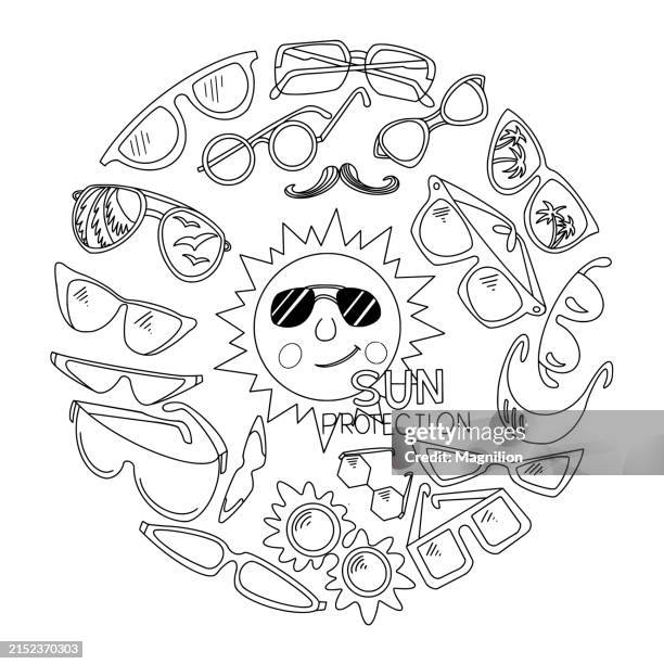 sun protection, sunglasses doodles set, circle composition - round sunglasses stock illustrations