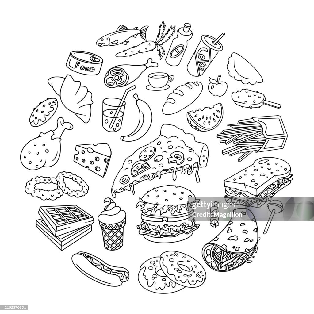 Fast Food Doodle Set, Circle Composition