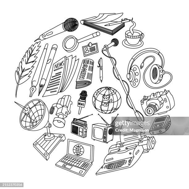 ilustraciones, imágenes clip art, dibujos animados e iconos de stock de conjunto de garabatos de noticias y prensa, composición de círculos - bolígrafo y marcador