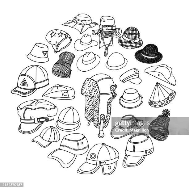 hats doodles set, circle composition, versatile headwear collection, comprehensive vector illustration of various hats and caps - bucket hat stock illustrations