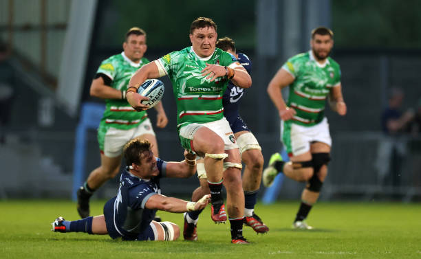 Jasper Wiese of Leicester Tigers breaks away from Cobus Wiese during the Gallagher Premiership Rugby match between Sale Sharks and Leicester Tigers...