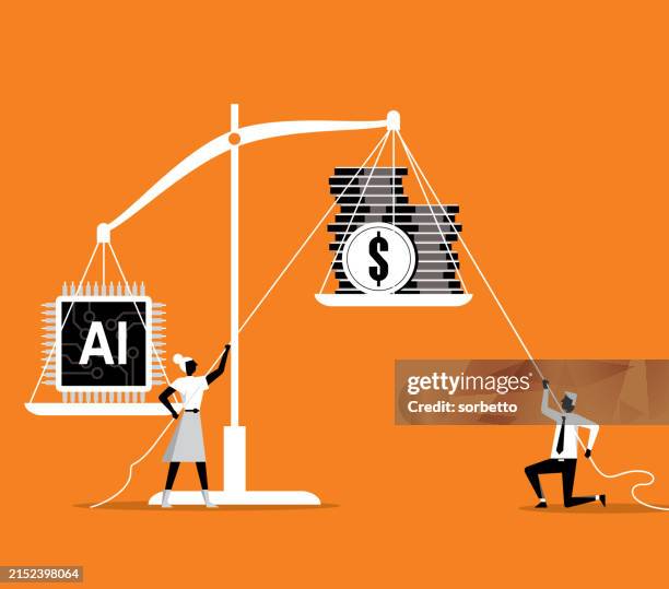 stockillustraties, clipart, cartoons en iconen met microchip - weight scale - vraag en aanbod