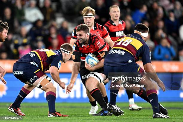 Antonio Shalfoon of the Crusaders charges forward during the round 12 Super Rugby Pacific match between Highlanders and Crusaders at Forsyth Barr...