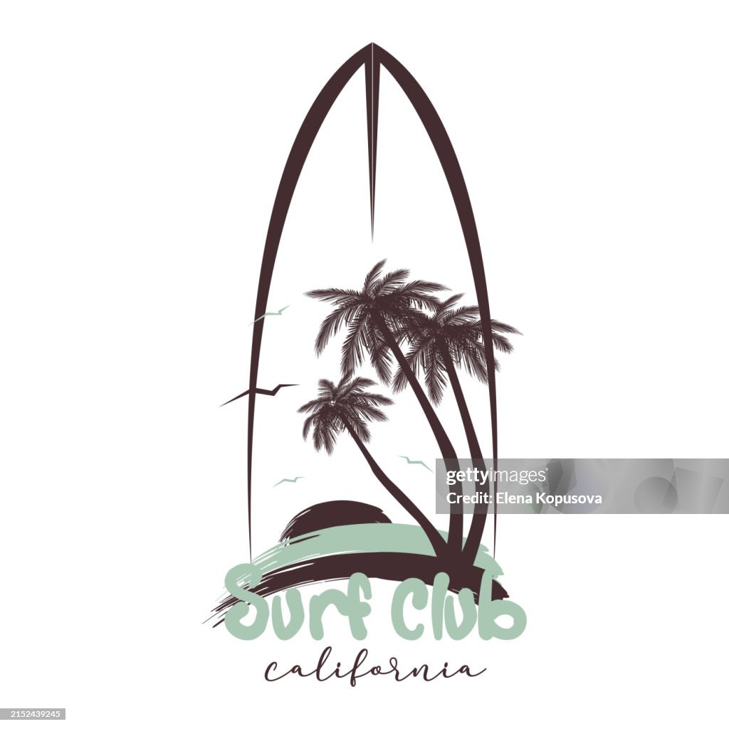 Summer exotic holiday concept in flat retro style. Surfboard with summer sunset and palm trees on isolated white background. Stylish retro icon.