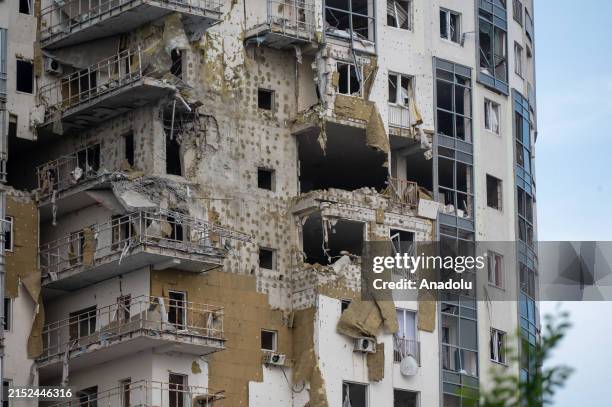 View of a destroyed building on a residential area following Russian missile attack on May 14, 2024. In Kharkiv this afternoon, three separate...