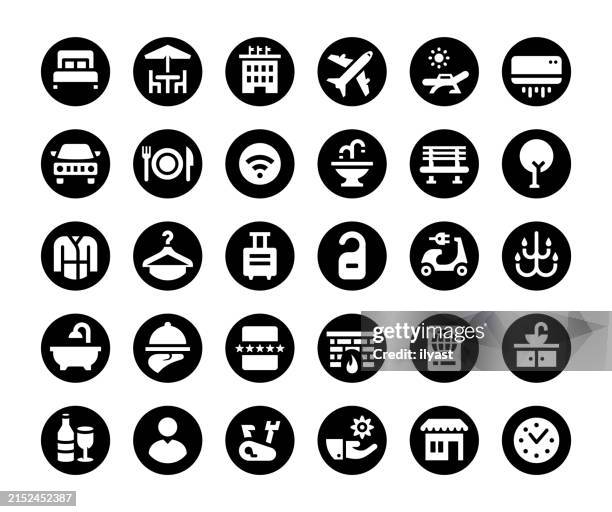 stockillustraties, clipart, cartoons en iconen met black & white minimal icon set for hotels & tourism - hostel