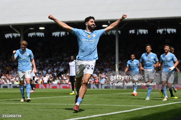 Josko Gvardiol of Manchester City celebrates scoring his team's third goal during the Premier League match between Fulham FC and Manchester City at...