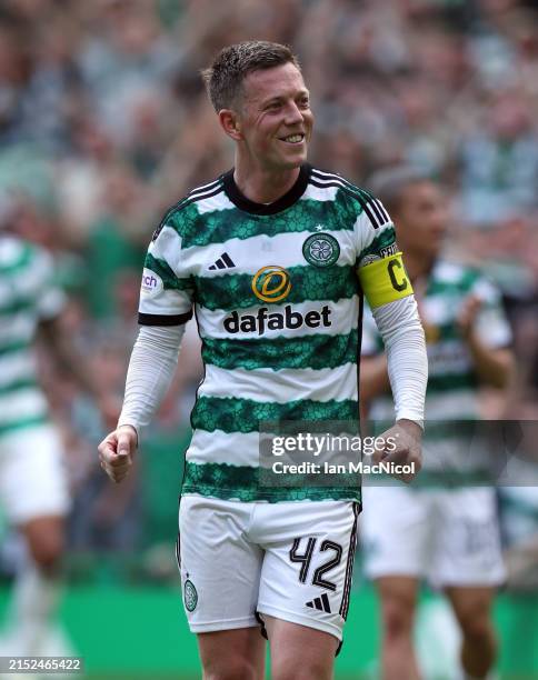Celtic captain Callum McGregor celebrates at full time during the Cinch Scottish Premiership match between Celtic FC and Rangers FC at Celtic Park...