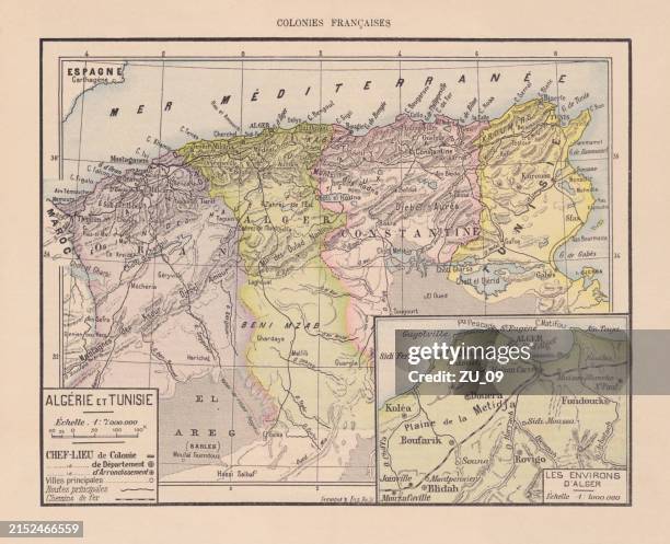 former french colonies: algeria and tunisia, chromolithograph, published in 1898 - algeria stock illustrations