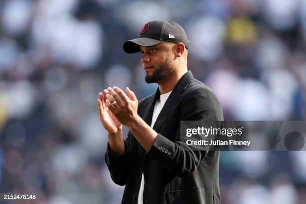 Vincent Kompany, Manager of Burnley, applauds the fans after the Premier League match between Tottenham Hotspur and Burnley FC at Tottenham Hotspur...