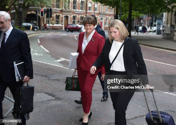 Former Northern Ireland First Minister, Arlene Foster arrives at the Covid Enquiry with her legal team on May 15, 2024 in Belfast, United Kingdom....