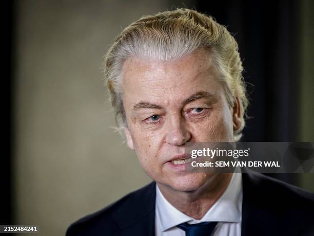 Dutch Party For Freedom party leader Geert Wilders looks on upon his arrival to attend formation talks between the PVV, VVD, NSC and BBB factions in...