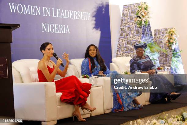 Meghan, Duchess of Sussex speaks at a Women in Leadership event co-hosted with Ngozi Okonjo-Iweala on May 11, 2024 in Abuja, Nigeria.