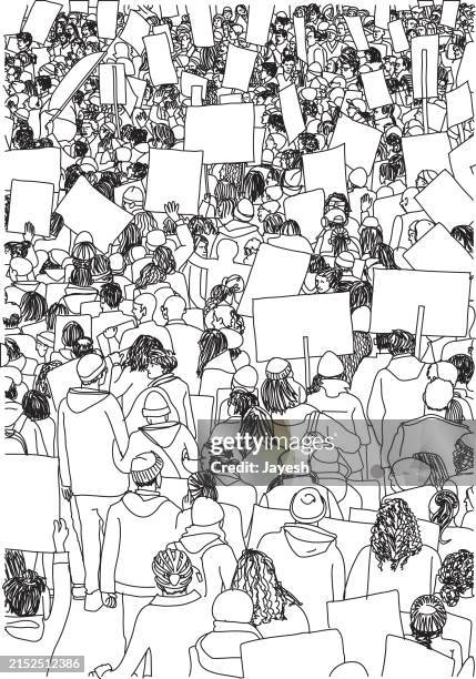 illustration of protestors protesting at a protest march for awareness in a sketch style - soziale gerechtigkeit stock-grafiken, -clipart, -cartoons und -symbole