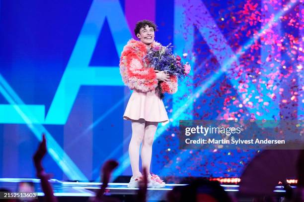 Nemo from Switzerland, winner of the Eurovision Song Contest, on stage after The Eurovision Song Contest 2024 Grand Final at Malmö Arena on May 11,...