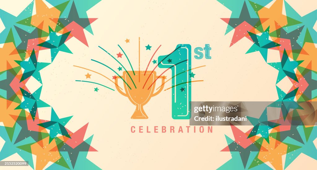 1 year logo decorated sign with stars trophy and fireworks