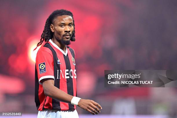 Nice's French midfielder Khephren Thuram looks on during the French L1 football match between OGC Nice and Paris Saint-Germain at the Allianz Riviera...