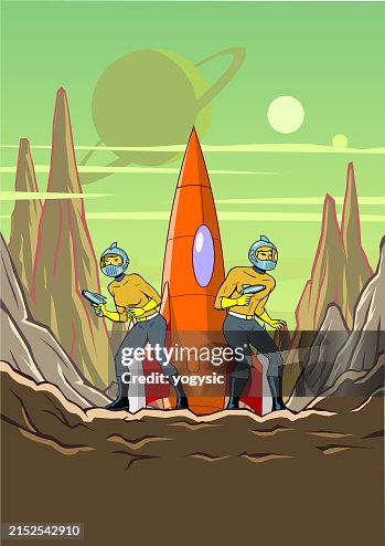 Vector Retro Sci Fi Astronauts Being Cautious while Exploring New Planet Stock illustration Vector Retro Sci Fi Astronauts Being Cautious while Exploring New Planet Stock illustration