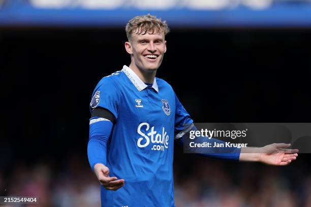 Jarrad Branthwaite of Everton reacts during the Premier League match between Everton FC and Sheffield United at Goodison Park on May 11, 2024 in...