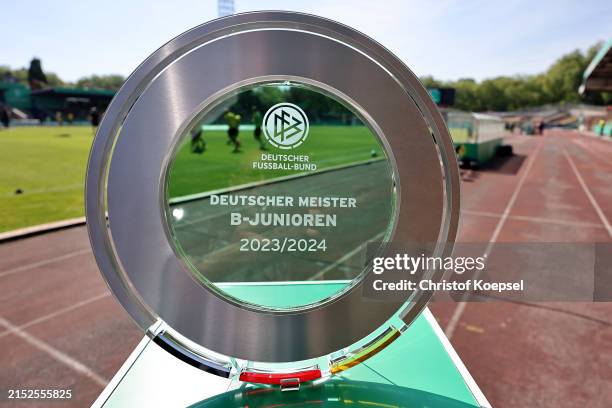 The German Championship trophy is seen prior to the B Juniors German Championship Final between Borussia Dortmund and Bayer 04 Leverkusenat at...