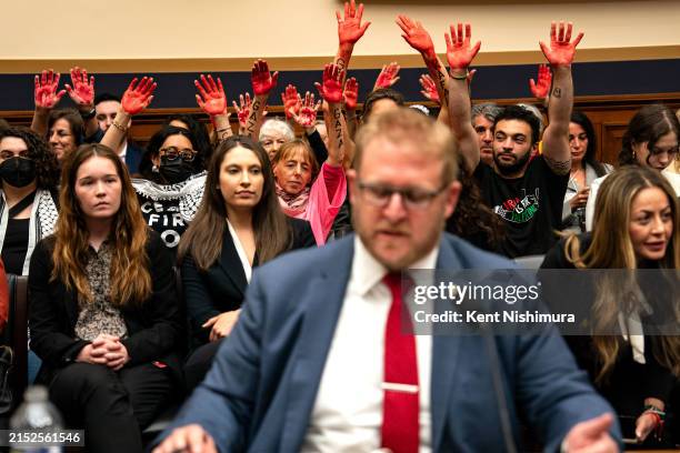 Demonstrators in support of Gaza raise their hands as witness Kevin Rachlin, Washington director of the Nexus Leadership Project speaks during a...