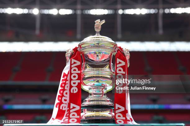 Detailed view of the Adobe Women's FA Cup Trophy on a plinth prior to the Adobe Women's FA Cup Final match between Manchester United and Tottenham...