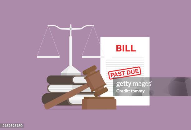 bildbanksillustrationer, clip art samt tecknat material och ikoner med debt collection concept with financial bill, equal-arm balance, a book, and a gavel - storleksskillnad