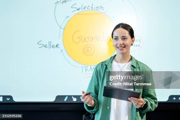 enhance confidence and self-image with your presentation skills and development. a female business executive giving presentations and sharing ideas on business insight in a start-up business office. - founder stock pictures, royalty-free photos & images