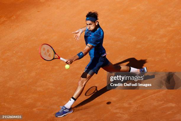 Alejandro Tabilo of Chile in action during the Day Seven of the Internazionali BNL D'Italia 2024 at Foro Italico on May 12, 2024 in Rome, Italy.