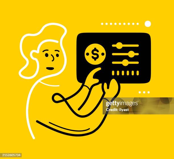 continuous editable line character with monetary policy screen - monetary policy stock illustrations