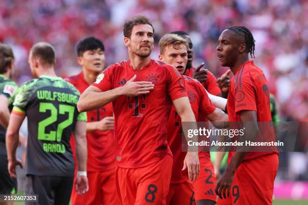 Leon Goretzka of Bayern Munich celebrates scoring his team's second goal during the Bundesliga match between FC Bayern München and VfL Wolfsburg at...