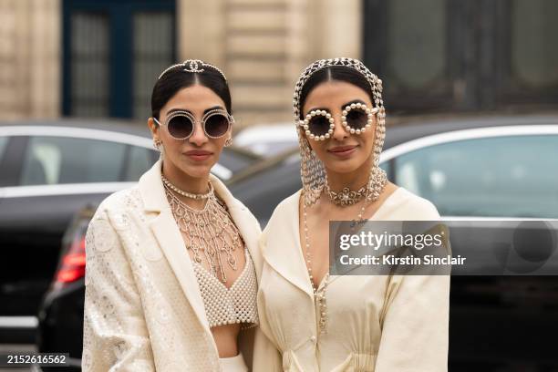 Twins Jyoti Babani, Snehal Babani wear all Chanel outside the Chanel show during the Womenswear Fall/Winter 2024/2025 as part of Paris Fashion Week...