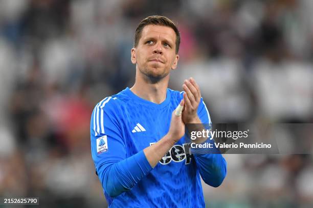 Wojciech Szczesny of Juventus applauds the fans after the Serie A TIM match between Juventus and US Salernitana at Allianz Stadium on May 12, 2024 in...