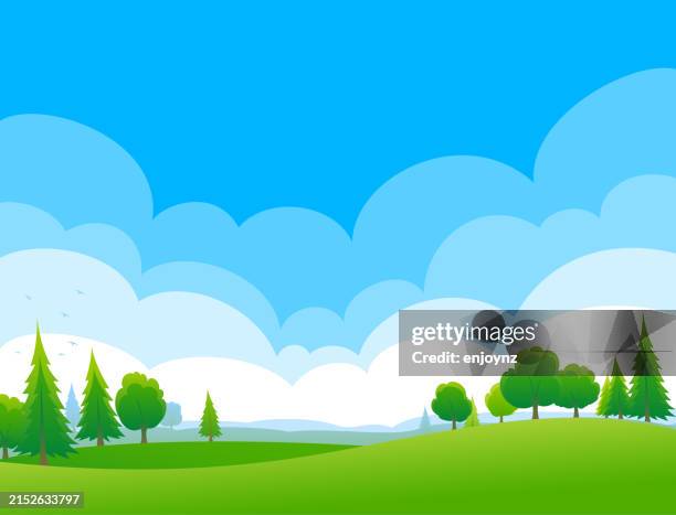 flauschige wolken und sanfte hügellandschaft mit bäumen - anhöhe stock-grafiken, -clipart, -cartoons und -symbole