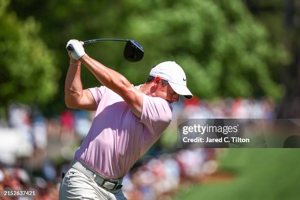 Rory McIlroy of Northern Ireland hits a tee shot on the eighth hole during the final round of the Wells Fargo Championship at Quail Hollow Club on...