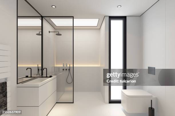 (8k image) modern minimalist bathroom in scandinavian style. white and black concept. - bathroom lighting stock pictures, royalty-free photos & images
