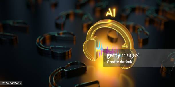 glowing ai music icon with audio waveform on dark background. yellow transparent glass material glowing on dark reflecting floor - musik bildbanksfoton och bilder
