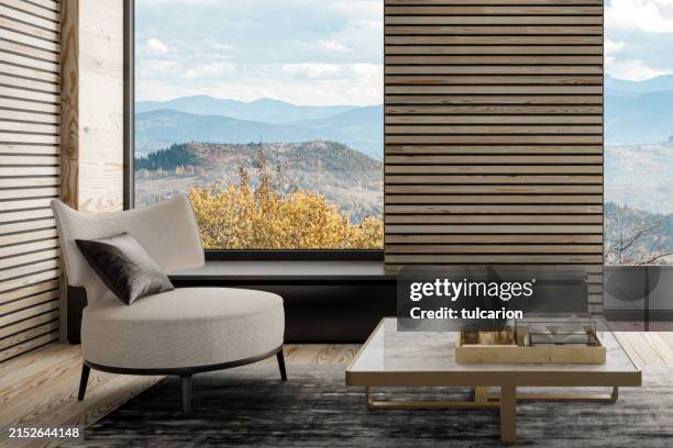 moderno e accogliente soggiorno scandinavo con assi di legno. - tavolino di servizio foto e immagini stock