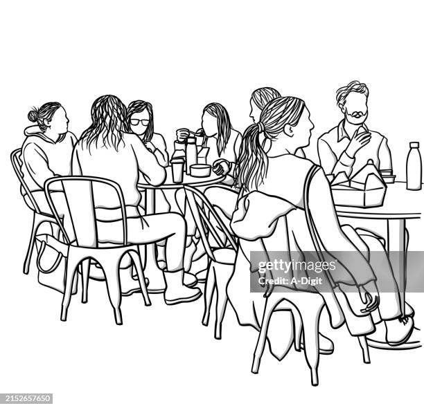 cafeteria college students eating sketch - school-cafeteria stock illustrations