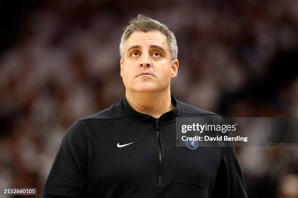 Assistant Coach MicahNori of the Minnesota Timberwolves looks on during the first quarter against the Denver Nuggets in Game Four of the Western...