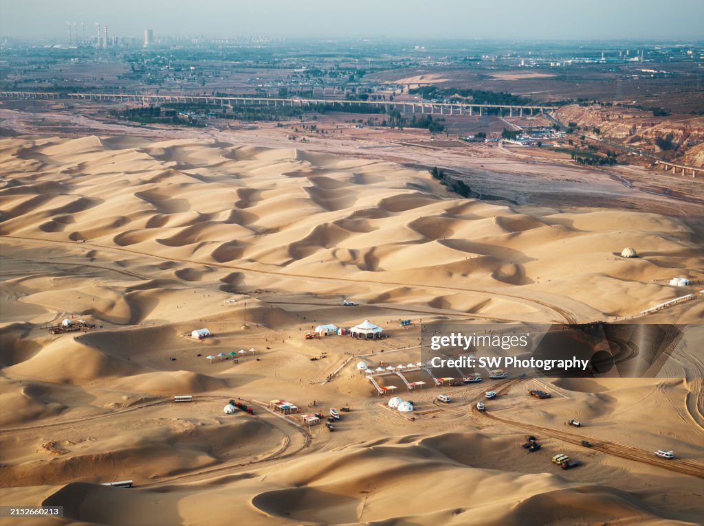 Aerial view of a hotel in the desert in Inner Mongolia, China