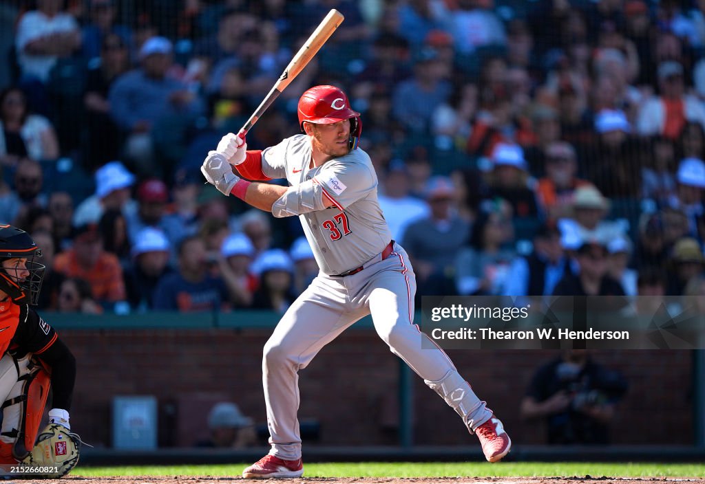 Cincinnati Reds Stephenson Tyler Stephenson of the Cincinnati Reds bats against the San... News ...